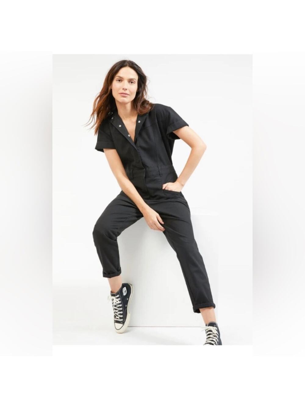NEW Outerknown Jenson Jumpsuit Size S Black Utility Snap Button Short Sleeve